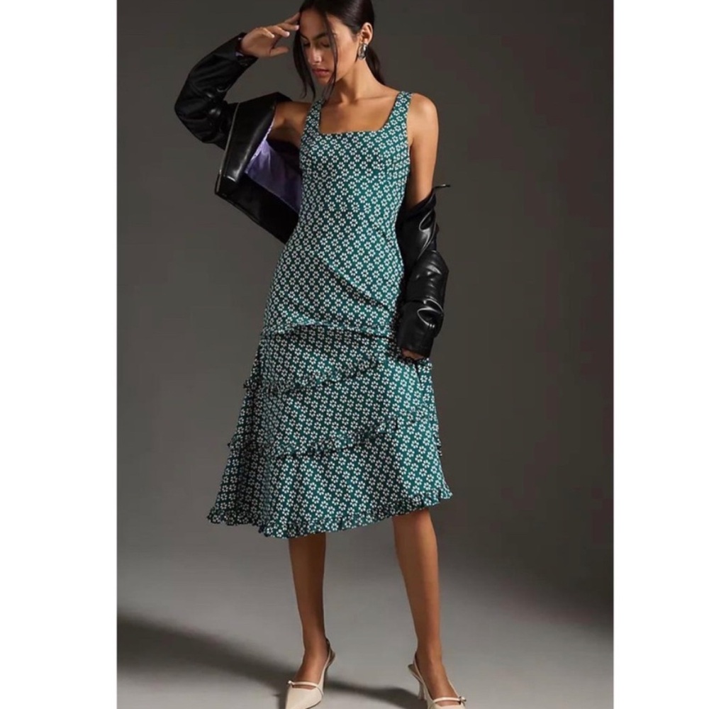 Anthropologie Teal Floral Midi Dress